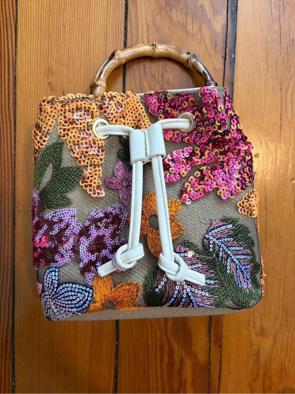 Floral Sequin Embroidered Bucket Bag with Bamboo Handle - White Drawstring